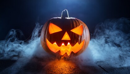 Glowing Jack O Lantern Emitting Flames Surrounded By Smoky Fog In Dark Eerie Atmosphere