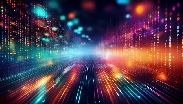 abstract digital background with colorful binary code and bokeh lights