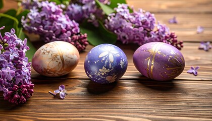 Obraz premium Easter eggs with lilacs on wooden background