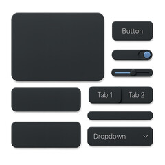 3D App UI Toolkit Dark Mode Minimal UI Kit with Black Buttons Sliders and Tabs, Clean Flat Interface Elements for Developer Dashboards and Modern App Design in Matte Black Style