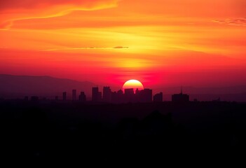 Naklejka premium Blazing orange and purple sunset hues paint a cityscape silhouette, golden hour, twilight