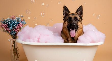 German Shepherd Bath &ndash; Whimsical Grooming Scene with Floral Accent
