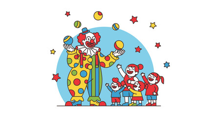 Naklejka premium Joyful Entertainment: A Delightful Clown Juggling Balls With Children at A Festive Event
