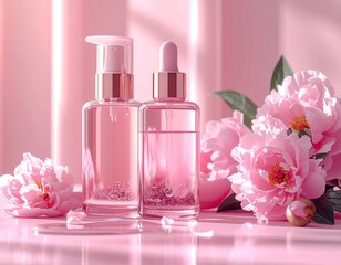ピンクの花と化粧品ボトルが並ぶ高級スキンケアのビューティーコンセプト｜美容,化粧品,華やか,女性,エレガント