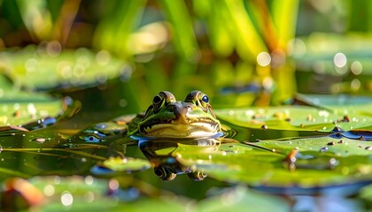 Frog on lily pads, close-up view