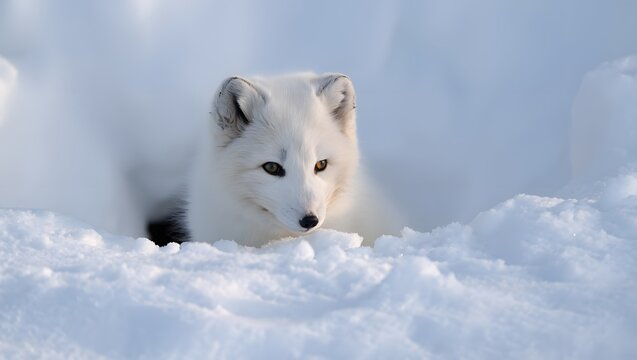 Arctic Fox Kit Emerging from Snowdrift: Serene Winter Wildlife Photography