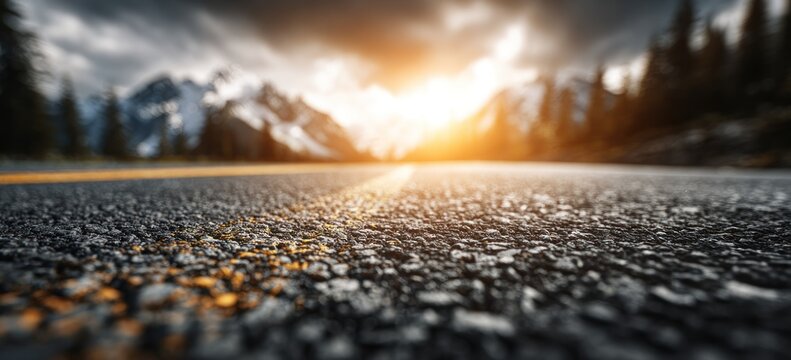Low-angle road stretches toward blurred snow-capped mountains under dramatic sunset sky, flanked by dark trees. Asphalt texture prominent - Powered by Adobe