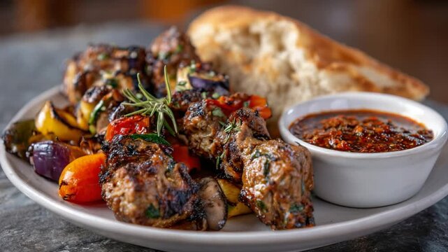 A vibrant close-up of suya skewers with grilled meats and vegetables on a white plate against a textured gray table.