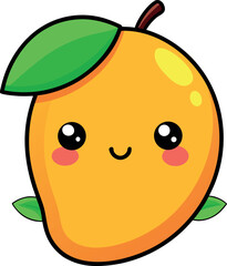 Vector art of cute cartoon mango character with happy face and leaves, transparent background