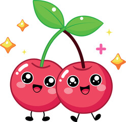 Vector art of cute cartoon cherries with happy faces, transparent background
