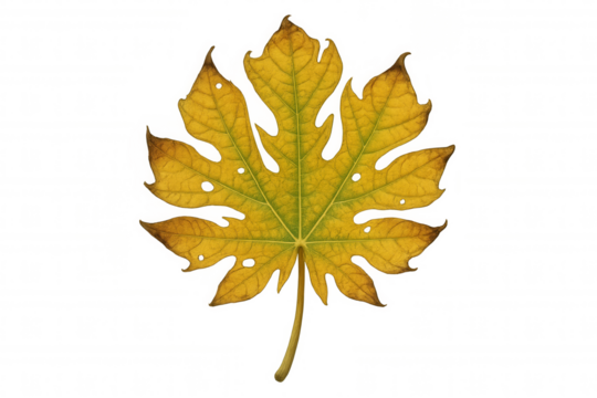 Detailed close-up of a damaged yellow leaf on a transparent background, highlighting its intricate patterns and rich autumn hues