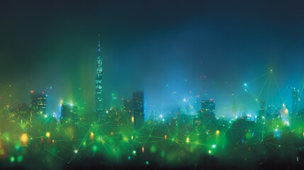 Twilight in the Smart digital Innovation city with connection network reciprocity over the cityscape. of future smart wireless digital city and social media networking systems that connects people