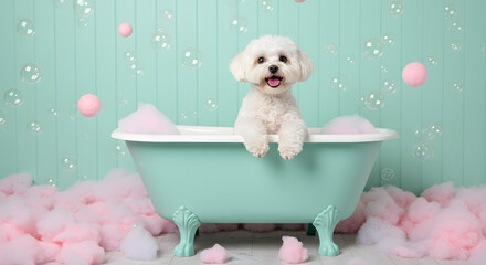 Mint Tub & Pink Suds Bichon Frise Bath  Whimsical Grooming Scene with Teal Backdrop