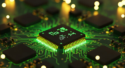 Green Glowing CPU Microchip on Circuit Board with "Data AI" Text Artificial Intelligence Concept