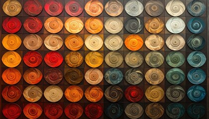 Diverse Circles in Brown, Orange, Gray and Blue Hues Arranged in Grid Formation with Intricate Swirl Patterns Under Soft Natural Lighting