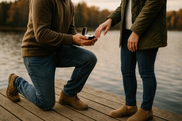 Romantic lakeside proposal moment captured.