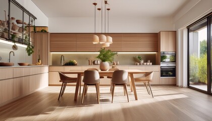 Fototapeta premium modern kitchen interior with table and wooden design featuring elegant furniture and spacious hardwood floors in a contemporary living space