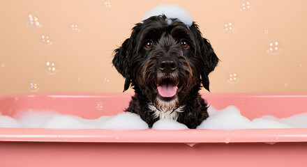 dog in the snow,Blue Tub & Bubble Joy Border Collie Bath  Cheerful Grooming Scene with Pink Backdrop