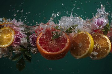Vibrant citrus fruits and delicate flowers splash into dark green water creating dynamic refreshing abstract patterns