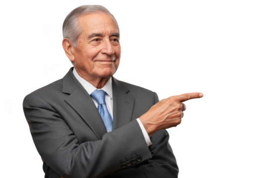 Senior businessman pointing direction, older executive indicating, mature professional showing way, leadership guidance, isolated on transparent background