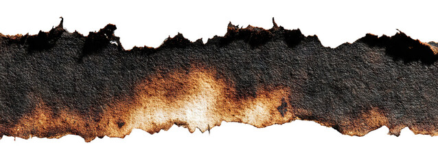 Torn strip of burnt brown paper with rough charred edges, isolated on transparent cutout background