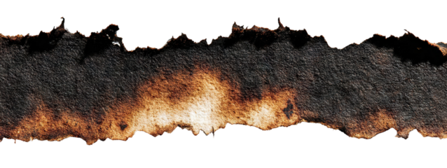 Torn strip of burnt brown paper with rough charred edges, isolated on transparent cutout background