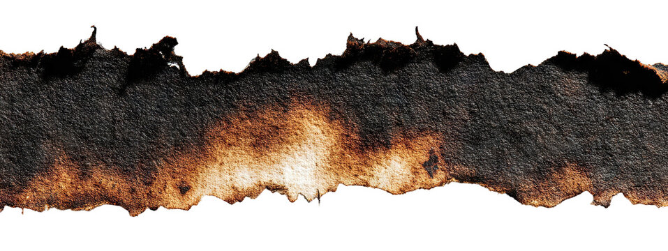 Torn strip of burnt brown paper with rough charred edges, isolated on transparent cutout background