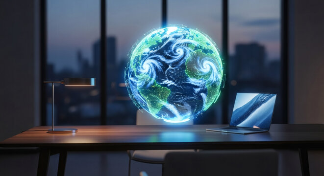 Global business connection concept: Holographic Earth in modern office, future tech and innovation