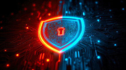 Digital Lock Shield with Blue and Red Glowing Details on Abstract Circuit Background for Cybersecurity Conceptual Illustration
