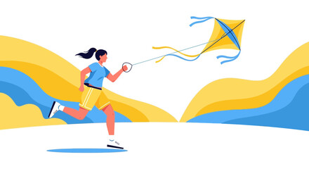 Joyful Pursuit: A Young Woman Flying A Kite With Whimsical Landscape Background