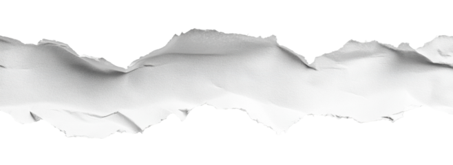 Wavy torn strip of white paper with jagged rough edges, isolated on transparent cutout background