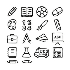 Fototapeta premium Hand-drawn doodle icon set of various school supplies and educational symbols for learning and creativity
