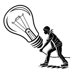 Strong Black man pulls massive lightbulb using a rope under black and white monochrome