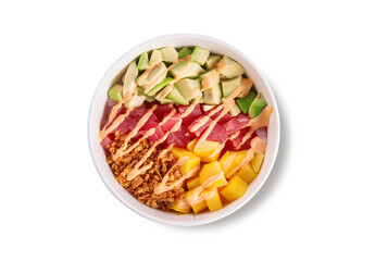 Bright Hawaiian poke bowl with fresh tuna, diced avocado, sweet mango, crispy fried onions and spicy sauce, served in an eco bowl, top view