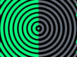 Fototapeta premium Concentric circles background, half green, half grayscale, bold contrast.