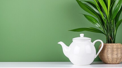 White Teapot and Green Plant Still Life on Sage Green Wall