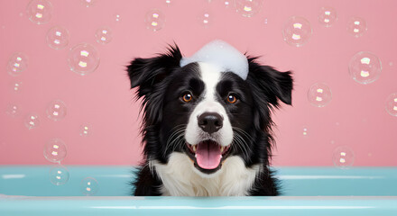 Blue Tub & Bubble Joy Border Collie Bath  Cheerful Grooming Scene with Pink Backdrop
