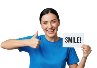 Smiling woman holding smile sign with thumbs up gesture cheerful expression png image isolated on transparent background