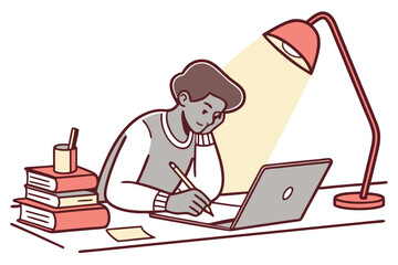 Focused student writes beside laptop under lamp, with books nearby on the desk
