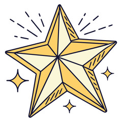 A bright yellow five pointed star with radiating lines and smaller sparkling stars against a white background