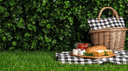 Wicker Basket and Checkered Blanket with Wooden Board Full of Food on Green Grass