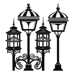Four ornate streetlights stand together, creating a striking black and white silhouette arrangement