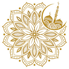Elegant golden islamic mandala design featuring a mosque silhouette within a crescent moon