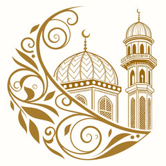 Elegant golden islamic mosque silhouette with crescent moon and decorative flourishes on white background