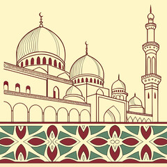 Elegant line drawing of a mosque with domes and minaret against a cream background