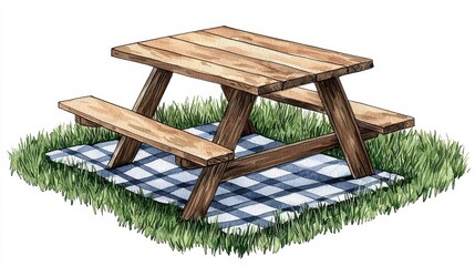 Wooden Picnic Table on Checkered Blanket Surrounded by Green Grass on White Background