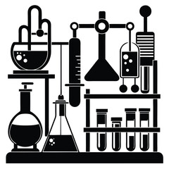Black scientific glassware forms a monochromatic chemistry experiment apparatus for research and analysis