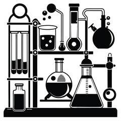 Detailed chemistry lab setup showcasing an assortment of scientific glassware in a structured arrangement
