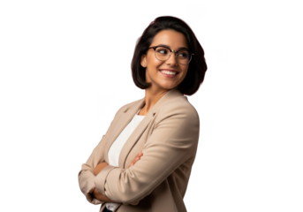 Professional businesswoman smiling with arms crossed, wearing glasses and blazer, isolated portrait on transparent background