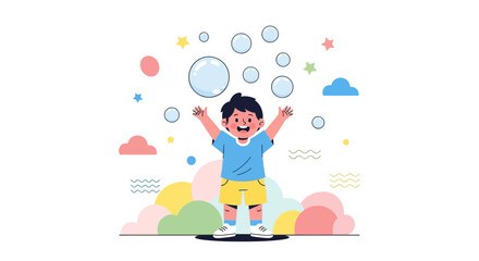 Joyful Young Boy Playing With Bubbles Amidst Colorful Clouds And Stars